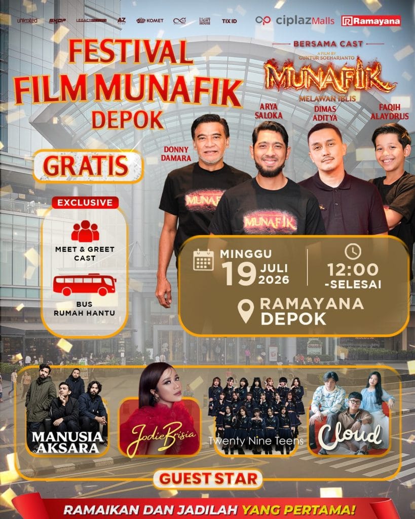 Poster acara Festival Film Munafik Depok bersama Arya Saloka dan Brisia Jodie di Ramayana Depok pada 19 Juli 2026