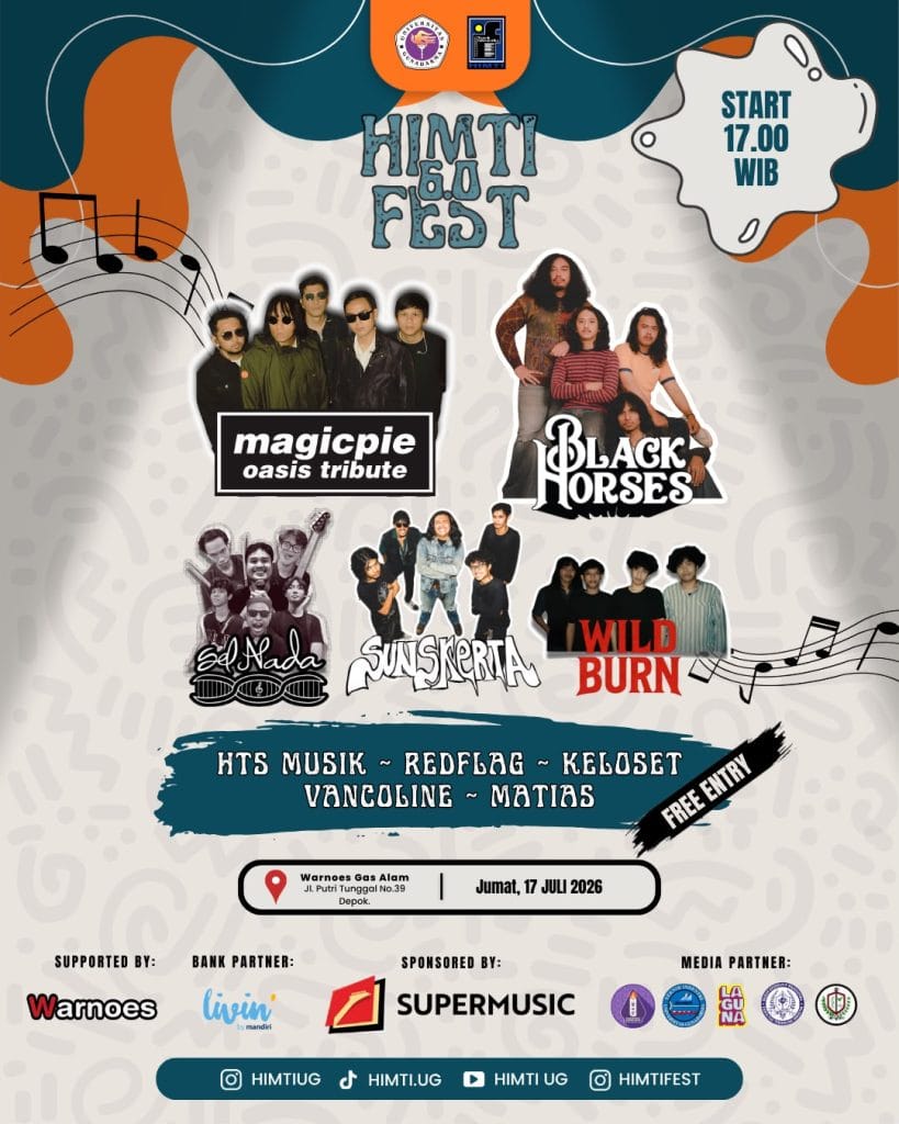 Poster acara musik HIMTI FEST 6.0 bertema All Express, All Celebrate di Warnoes Gas Alam Depok pada 17 Juli 2026