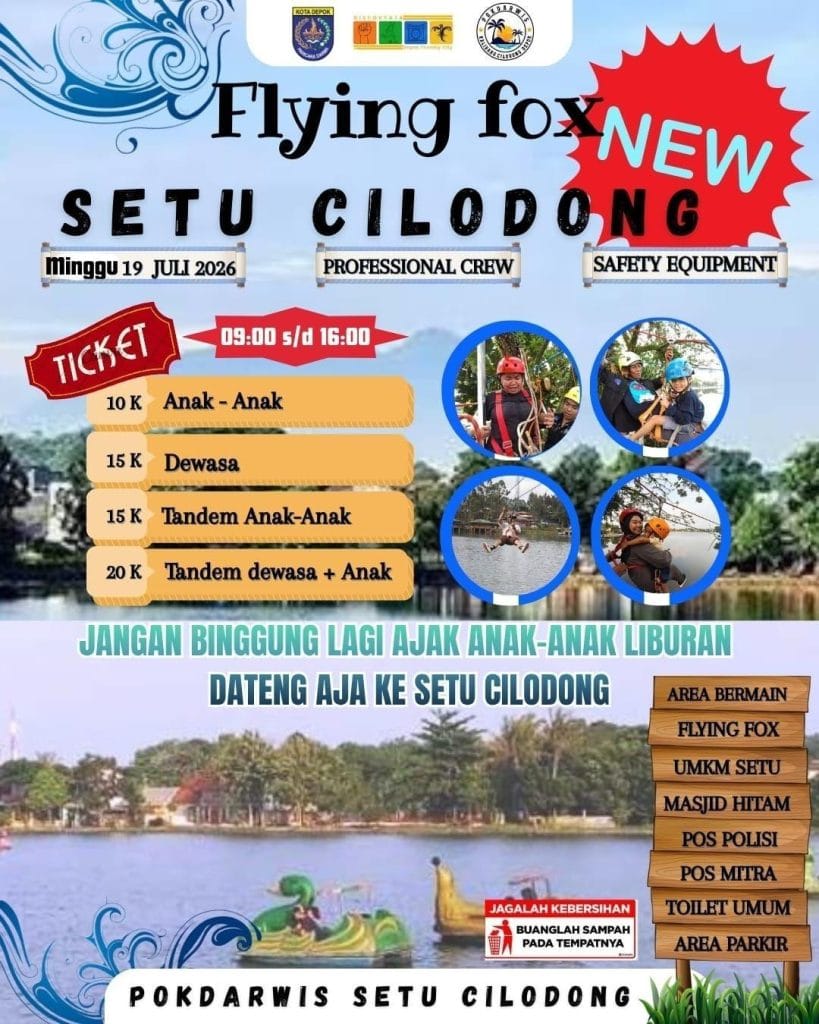 Poster wahana baru Flying Fox di Setu Cilodong Depok pada Minggu 19 Juli 2026