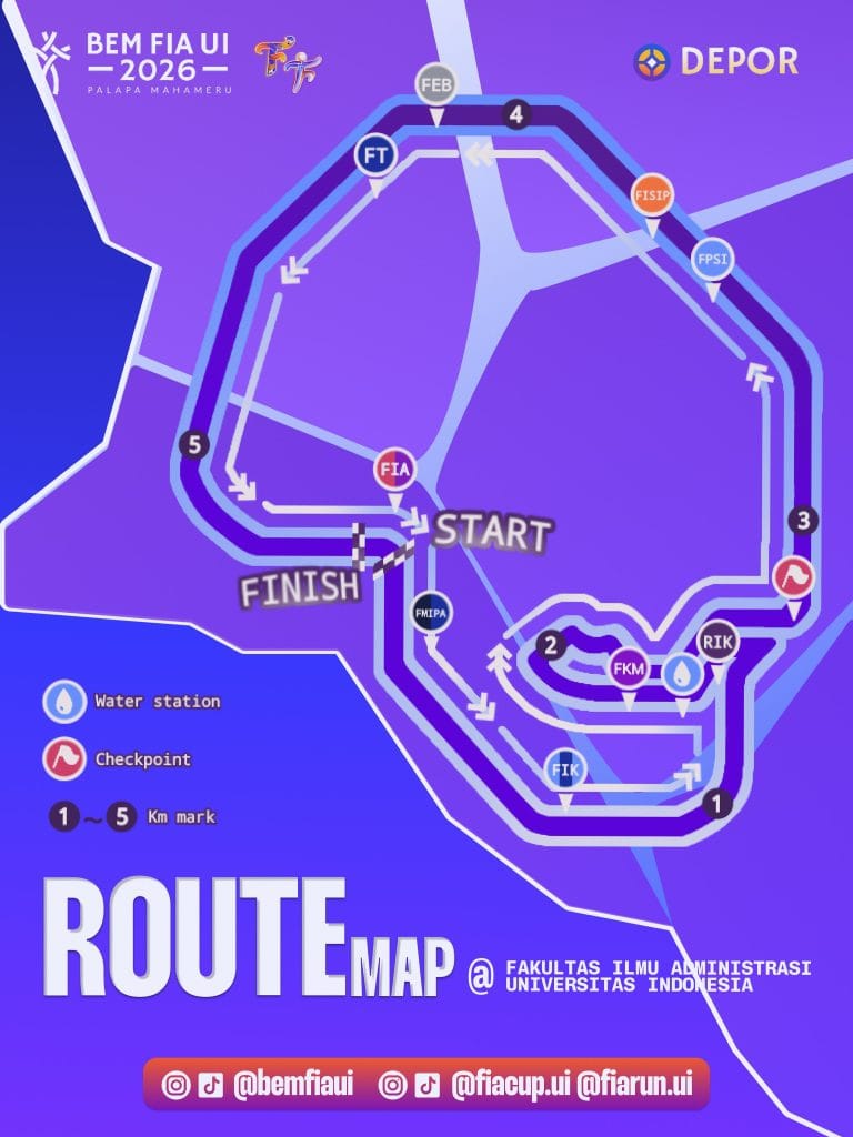 Peta rute lari 5K FIA RUN 2026 di Universitas Indonesia, melewati berbagai fakultas dengan titik start dan finish di Fakultas Ilmu Administrasi (FIA)
