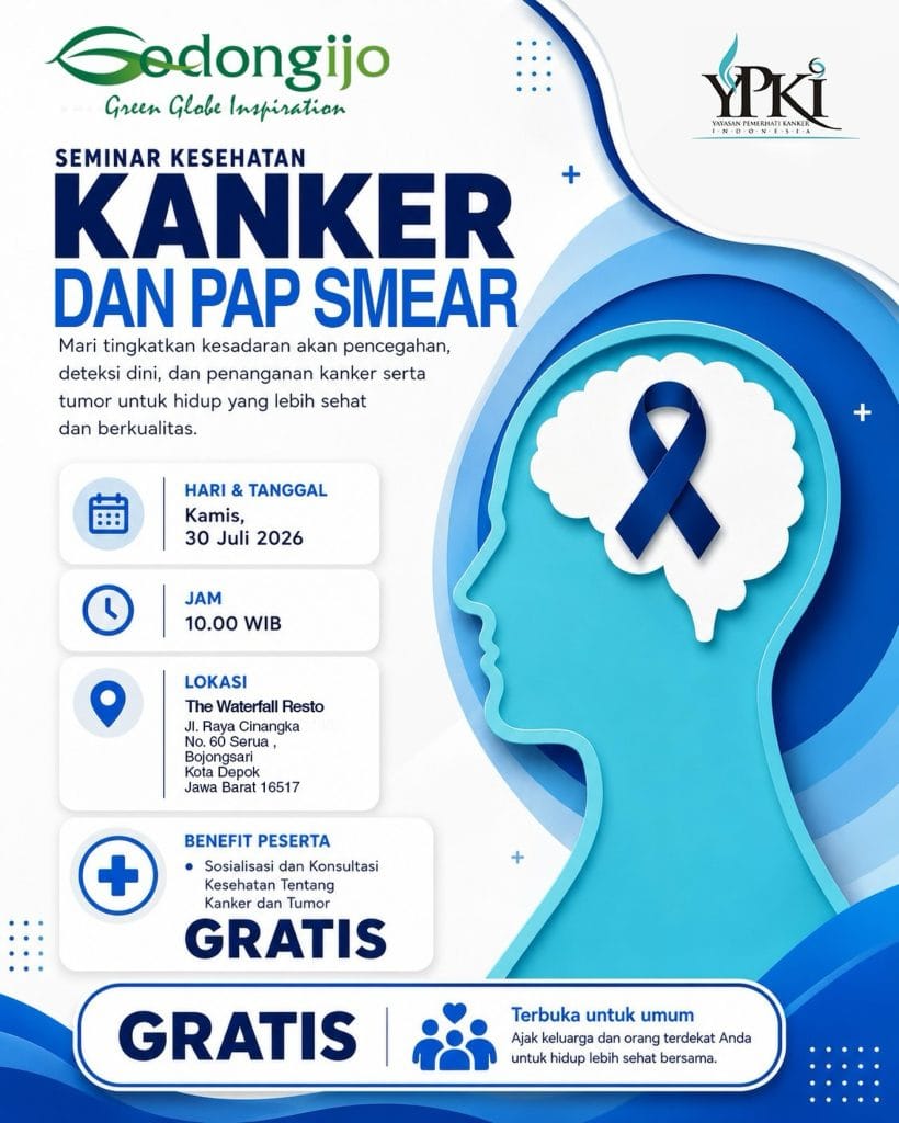 Poster promosi acara edukasi untuk umum berupa Seminar Kesehatan Kanker dan Pap Smear Gratis di The Waterfall Resto by Godongijo Depok pada Kamis 30 Juli 2026