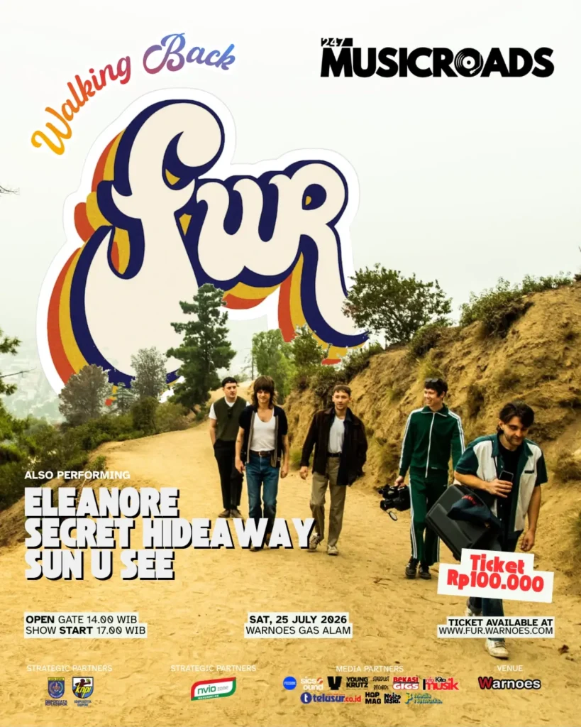 Poster konser musik Walking Back Fur yang menampilkan FUR, Eleanore, Secret Hideaway, dan Sun U See di Warnoes Gas Alam Depok