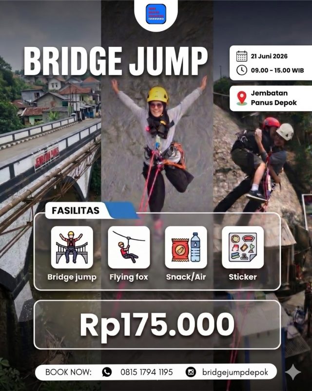 Bridge Jump
🗓️ Minggu, 21 Juni 2026
🕘 09.00—15.00 WIB
📍 Jembatan Panus Depok
——————————————⁣⁣⁣⁣
#Repost @bridgejumpdepok
——————————————⁣⁣⁣⁣
Lets go PARA PEMACU ADRENALIN!!!!
——————————————⁣⁣⁣⁣
#bridgejumpdepok #ropejump #flyingfox #depok