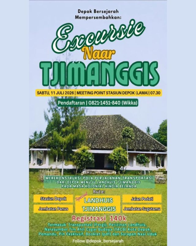 Excursie Naar Tjimanggis
🗓️ Sabtu, 11 Juli 2026
🕘 07.30 - 10.30 WIB
📍 Meeting Point: Stasiun Depok Lama (Pintu Keluar Barat)
——————————————⁣⁣⁣⁣
#Repost @depok_bersejarah
——————————————⁣⁣⁣⁣
Tjimanggis (Cimanggis) merupakan sebuah kecamatan di Kota Depok yang dulunya merupakan sebuah tanah partikelir. Pada masa lalu, setiap tanah partikelir memiliki perbedaan otoritas kekuasaan dengan tanah partikelir lainnya. Bisa dibilang, Land Depok sudah berbeda wewenang dan kekuasaan dengan Land Tjimanggis. Dan, sudah tentu yang namanya tanah partikelir memiliki tuan tanah (landheer) dan rumah tinggal tuan tanah (landhuis) atau masyarakat lokal sering menyebut dengan sebutan "Gedong".
Keberadaan Landhuis Tjimanggis masih dapat kita temui keberadaanya di masa sekarang. Bagaimana kondisinya dan kisah di baliknya?
Yuk, gabung dalam perjalanan sejarah ini, dengan mengusung tema "Excursie Naar Tjimanggis" atau Berkunjung Ke Cimanggis. Sebuah perjalanan napak tilas yang akan merekonstruksi pola perjalanan orang-orang pada masa itu untuk menuju ke (gedong) Cimanggis.
Dilaksanakan pada:
Sabtu, 11 Juli 2026
Pukul 07.30 - Selesai 10.30
Meeting Point Pintu Keluar Barat Stasiun Depok Lama
Registrasi 140 k
Sudah termasuk Perizinan, Narasumber Tim Ahli Cagar Budaya, Pin Eksklusif, Booklet (pdf), Sarapan Nasi Uduk Haji Ali
——————————————⁣⁣⁣⁣
#eventdepok #infodepok #depok
