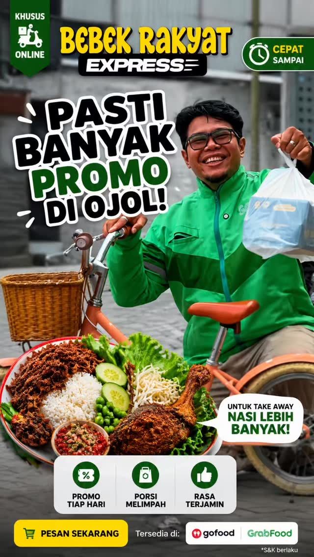 Mau makan enak, praktis, dan hemat dalam satu waktu?Bebek Rakyat Express jawabannya! PASTI BANYAK PROMONYA!Tinggal buka GrabFood atau GoFood, cari Bebek Rakyat Express, pilih promonya, dan tunggu makanan datang ke rumah!Menu yang waji kamu coba!
✨ 𝐁𝐞𝐛𝐞𝐤 Ambyar 𝟏/𝟒 𝐄𝐤𝐨𝐫
Lebih gurih, lebih crunchy, makin nagih!✨ 𝐁𝐞𝐛𝐞𝐤 𝐁𝐮𝐦𝐛𝐮 𝟏/𝟒 𝐄𝐤𝐨𝐫
Lebih mantap, juicy, dan ndaging banget✨ 𝐁𝐞𝐛𝐞𝐤 𝐁𝐮𝐦𝐛𝐮 𝐈𝐧𝐠𝐤𝐮𝐧𝐠 𝟏 𝐄𝐤𝐨𝐫
Dijamin puas buat ramai-ramaiDan ada kabar yang bikin makin happy!
Kalau pesan untuk dibungkus, takeaway, atau lewat OJOL, porsi nasinya lebih banyak dan lebih puas! 🍚🔥📍 Sekarang sudah hadir di Beji, Depok mulai Minggu, 7 Juni 2026
Jl Beringin Raya Beji, Kota DepokInformasi lebih lanjut
08999994000Yuk langsung cek promo yang lagi tersedia di GrabFood & GoFood, lalu nikmati Bebek Rakyat tanpa perlu antre dan tanpa perlu keluar rumah!#bebekrakyatexpress #kulinerdepok #bebekrakyat