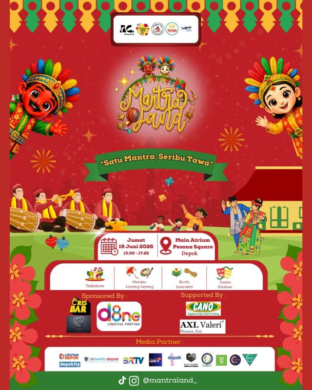 Kurangi waktu screen time si kecil dengan cara yang seru dan edukatif! ✨
Ajak anak-anak mengenal dan merasakan langsung keseruan ragam permainan tradisional Betawi di acara Mantra Land 2026: "Satu Mantra, Seribu Tawa". Selain area bermain interaktif untuk melatih motorik dan kerja sama anak, acara ini juga menghadirkan talkshow edukasi, penampilan seni budaya, hingga pertunjukan teater!
Catat jadwalnya:
🗓️ Jumat, 19 Juni 2026
🕘 13.00 - 17.25 WIB
📍 Main Atrium Pesona Square, Depok
Baca informasi selengkapnya mengenai kegiatan ini di @mantraland_ atau depokita.com/mantraland2026
#MantraLand2026 #EventDepok #EventAnakDepok #PesonaSquareDepok #PermainanTradisional