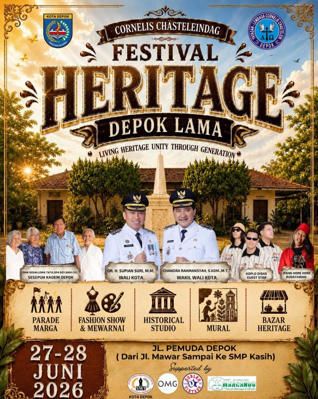 Festival Heritage Depok Lama
🗓️ Sabtu-Minggu, 27-28 Juni 2026
📍 Jl. Pemuda, Depok (Dari Jl. Mawar Sampai Ke SMP Kasih)
——————————————⁣⁣⁣⁣
#Repost @thechasteleins
——————————————⁣⁣⁣⁣
Festival Heritage Depok Lama: Living Heritage, Unity Through Generation
Untuk pertama kalinya, kawasan Depok Lama menjadi ruang bersama untuk mengenal, merayakan, dan melestarikan sejarah serta kekayaan budaya yang telah membentuk perjalanan Kota Depok.
Festival ini hadir sebagai upaya memperkenalkan kembali sejarah serta kemajemukan budaya yang menjadi identitas Kota Depok.
📅 27–28 Juni 2026
📍 Jl. Pemuda, Depok (mulai dari Jl. Mawar hingga SMP Kasih)
Beragam kegiatan seru dan sarat nilai sejarah akan hadir, di antaranya:
🎭 Parade Marga
👗 Fashion Show & Lomba Mewarnai
🏛️ Historical Studio
🎨 Mural
🛍️ Bazar Heritage
Yuk, Sobat Depok, jadilah bagian dari festival heritage pertama di Kota Depok dan nikmati suasana Depok Lama yang penuh cerita, kebersamaan, serta keberagaman. ✨
@bangsupians
@chandrarahmansyah.official
@disporyatadepok
@ylccdepok
@thechasteleins
——————————————⁣⁣⁣⁣
#PemkotDepok #KotaDepok #BersamaDepokMaju #FestivalHeritageDepokLama