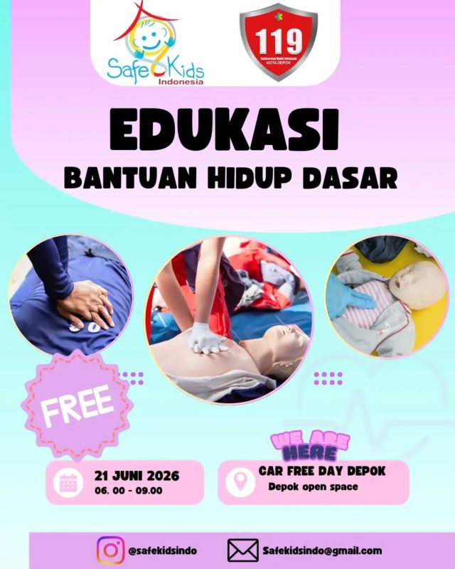 Edukasi Bantuan Hidup Dasar (BHD)
🗓️ Minggu, 21 Juni 2026
🕘 06.00 – 09.00 WIB
📍 Car Free Day Depok (Depok Open Space)
——————————————⁣⁣⁣⁣
#Repost @safekidsindo
——————————————⁣⁣⁣⁣
🚨 Kalau orang di sekitar Anda tiba-tiba tidak sadarkan diri, apa yang harus dilakukan dalam 5 menit pertama? 🚨
Jangan sampai panik dan hanya menunggu bantuan datang. Tindakan sederhana yang dilakukan dengan benar bisa menjadi penyelamat nyawa!
Tahukah SafeParents? Tindakan pertolongan pertama yang tepat dapat menjadi penentu keselamatan seseorang dalam kondisi darurat. Yuk, tingkatkan pengetahuan dan keterampilan dasar penyelamatan nyawa bersama kami!
💙 SafeKids Indonesia bersama  UPTD PSC 119 Kota Depok mengajak SafeParents dan masyarakat untuk mengikuti:
🩺 EDUKASI BANTUAN HIDUP DASAR (BHD)
📅 Minggu, 21 Juni 2026
⏰ 06.00 – 09.00 WIB
📍 Car Free Day Depok (Depok open space)
🎉 GRATIS & TERBUKA UNTUK UMUM
Karena keadaan darurat bisa terjadi kapan saja, di mana saja, dan kepada siapa saja. Pastikan Anda tahu apa yang harus dilakukan saat setiap detik menjadi sangat berharga.
📢 Simpan postingan ini dan ajak keluarga serta teman untuk ikut belajar bersama!
——————————————⁣⁣⁣⁣
#safekidsindonesia #bhd #rjp #PertolonganPertama