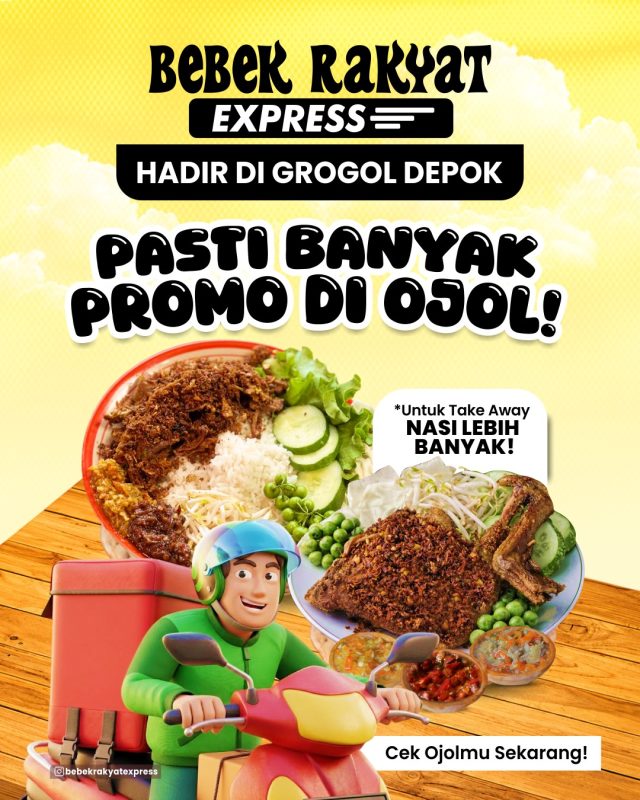 Warga Grogol, kabar baik! 🎉Sekarang Bebek Rakyat Express sudah hadir lebih dekat buat kamu!Nggak perlu jauh-jauh kalau lagi ngidam bebek yang gurih, empuk, dan bikin nagih. Tinggal pesan lewat GrabFood, GoFood, atau datang langsung ke cabang terbaru kami.Menu favorit yang wajib dicoba:
🔥 Bebek Ambyar 1/4 Ekor
🔥 Bebek Bumbu 1/4 Ekor
🔥 Bebek Bumbu Ingkung 1 EkorDan yang bikin makin untung, banyak promo menarik yang siap kamu nikmati! 💸📞 Info & Pemesanan
0899-9994-000Yuk, rayakan pembukaan cabang baru Bebek Rakyat Express Grogol dan rasakan nikmatnya bebek favorit dengan harga yang bersahabat!#BebekRakyatExpress #GrandOpeningGrogol #KulinerDepok #PromoBebek